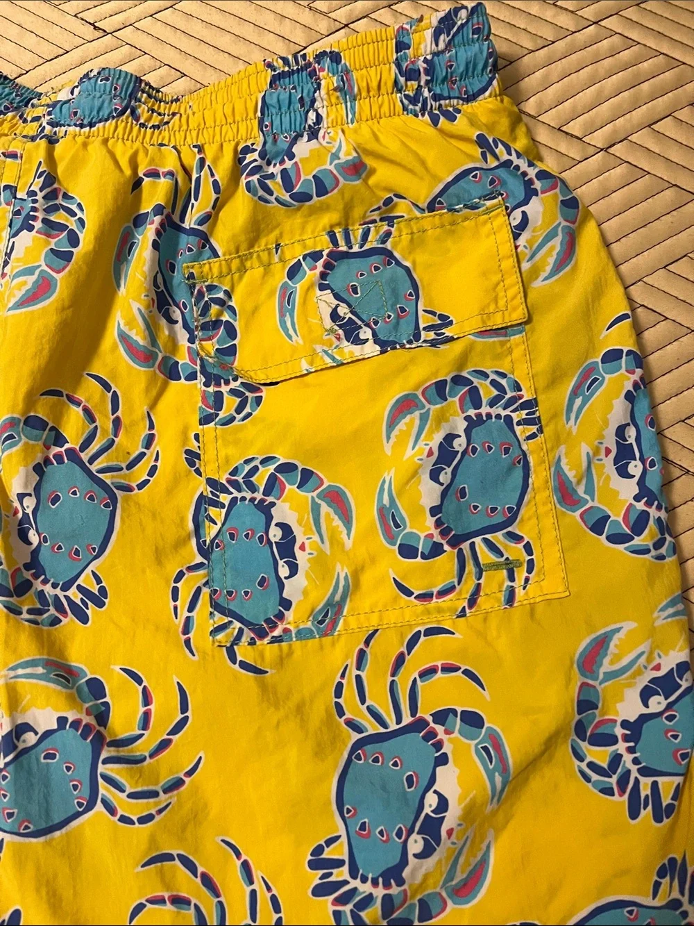 Ike Behar Yellow Swim Trunks with Blue Crab Print and Red Drawstring